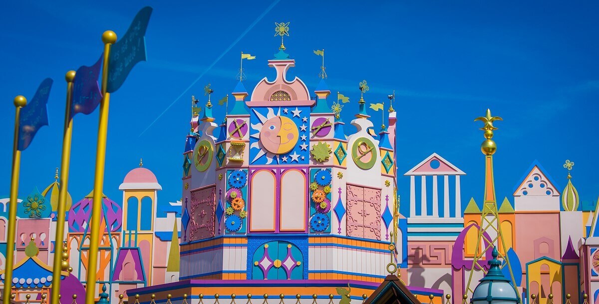 Facade of Its a small world View of the brightly coloured facade of the attraction Its a small world in Fantasyland