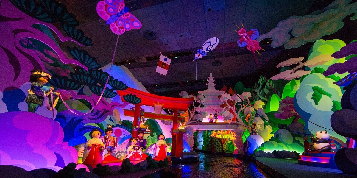 Welcome to Japan and China the scenes about Japan and China show rising dragons, dolls in kimonos and a panda bear