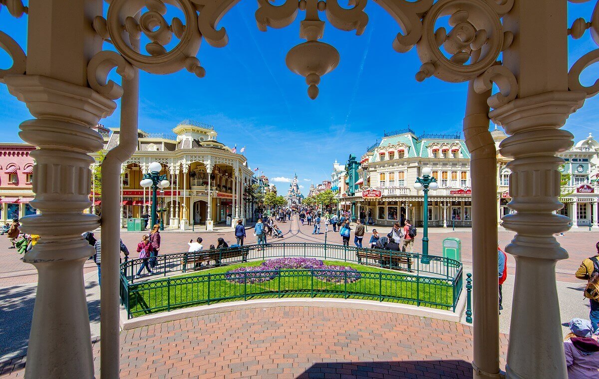 Under the Gazebo View out of the Gazebo in Town Square across Main Street, U.S.A. to Sleeping Beauty Castle.