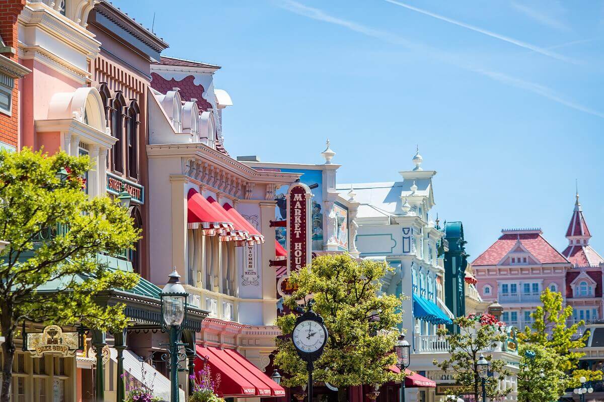 The rooftops of Main Street U.S.A. The rooftops of Main Street U.S.A. with the Disneyland Hotel at the far end.