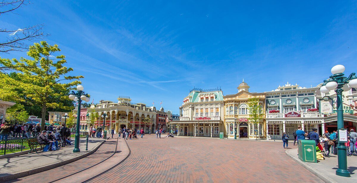 Town Square View from Town Square towards Main Street, U.S.A. with the facades of Flora'S Boutique and Emporium