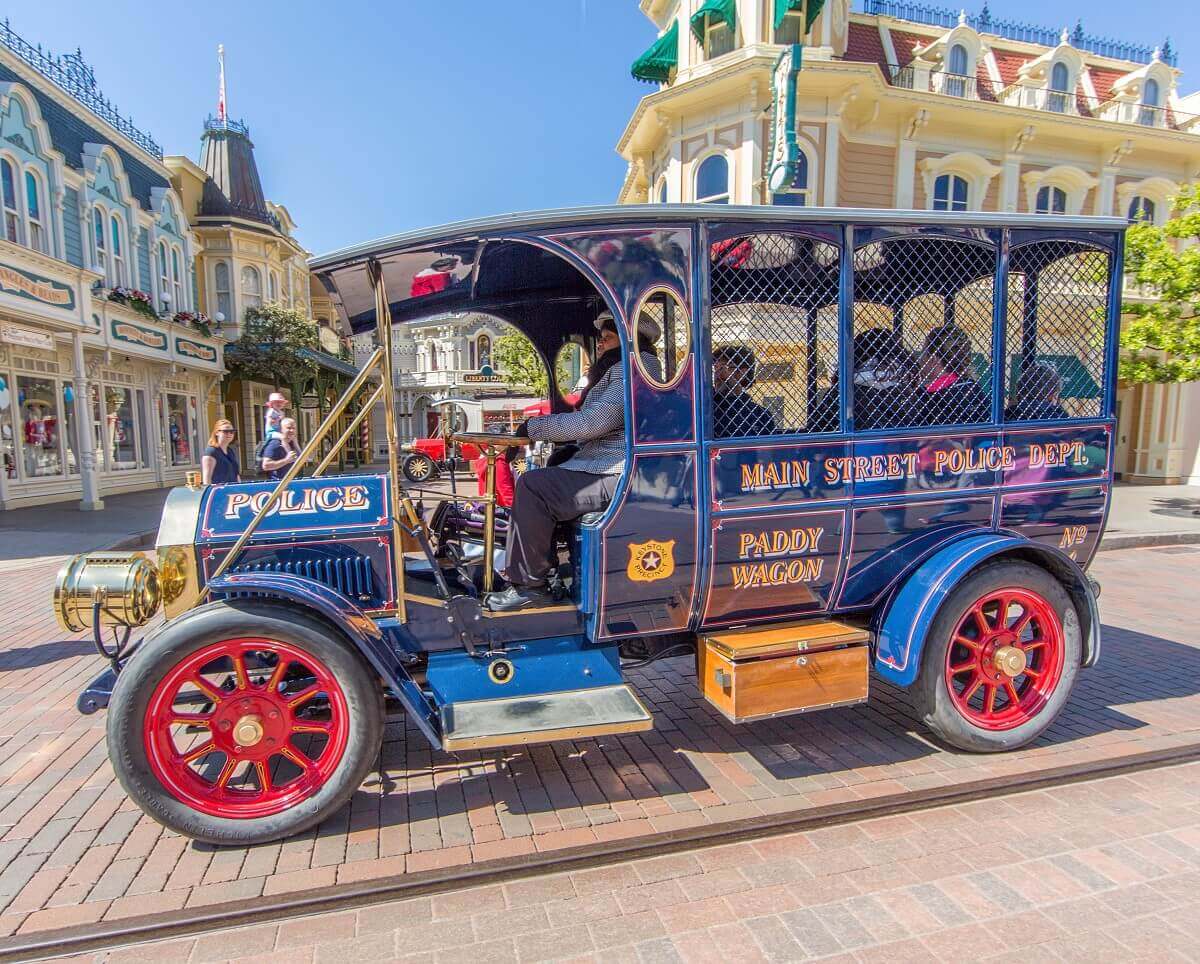 paddy wagon Paddy Wagon classic car, photographed from the side, in front of Walt's Restaurant