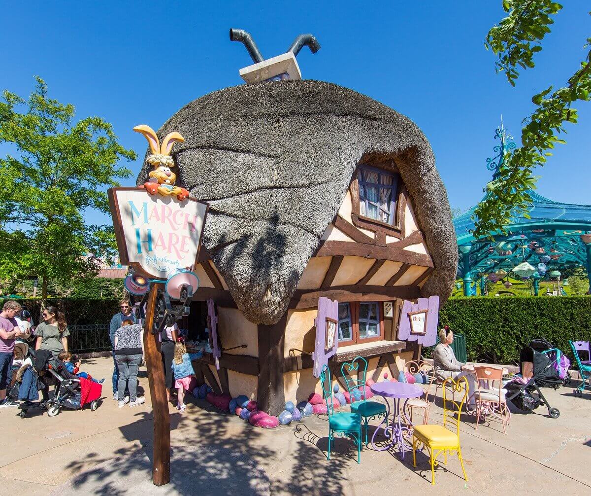 Booth of March Hare Refreshments from a small house near the crazy maze in Fantasyland snacks and drinks are sold