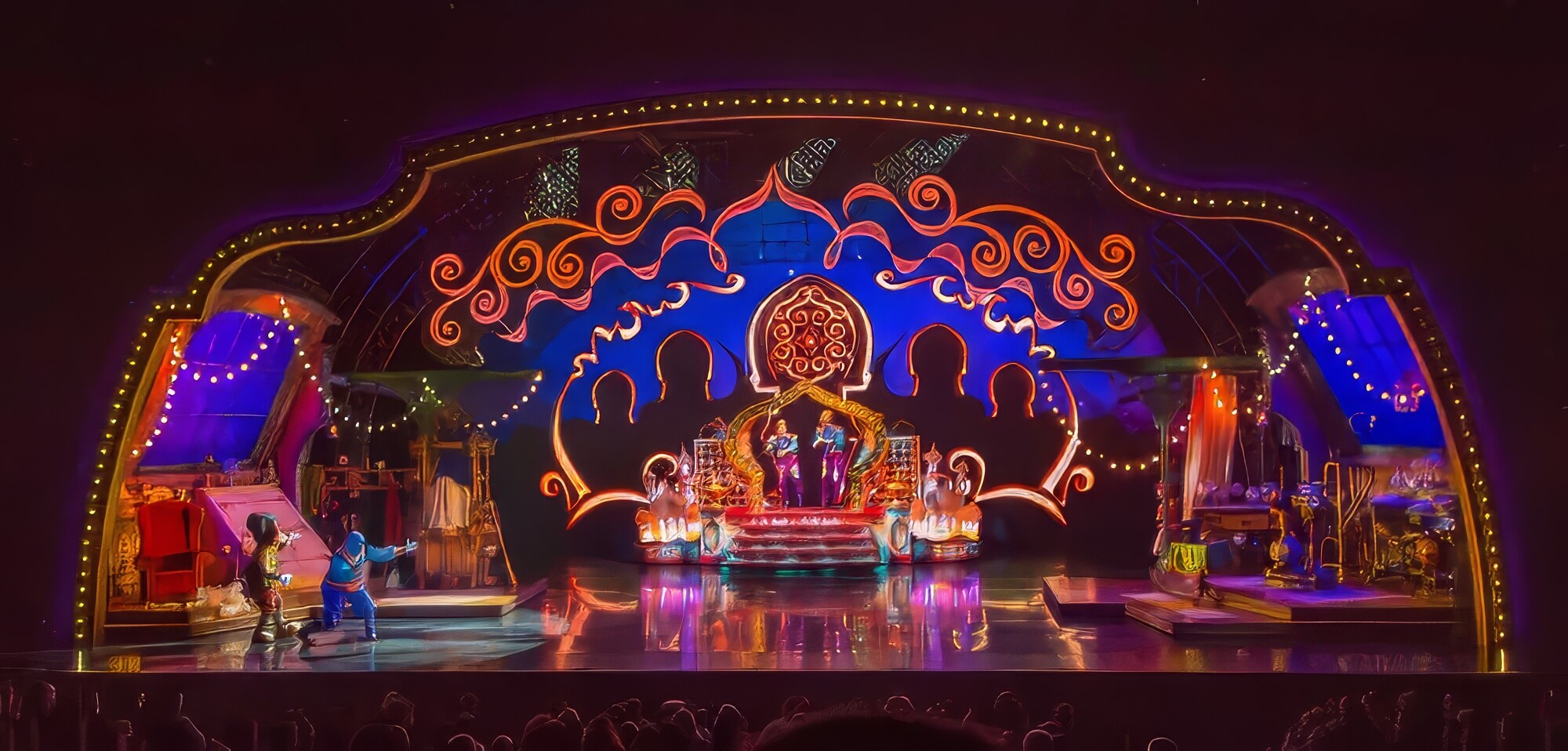 Djinnie makes the stage shine Dschinnie lights up the stage in bright colors and dancers appear on a staircase