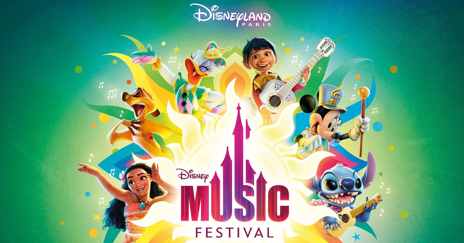 Werbegrafik für die Saison Disney Music Festival in Disneyland Paris mit musizierenden Disney Figuren