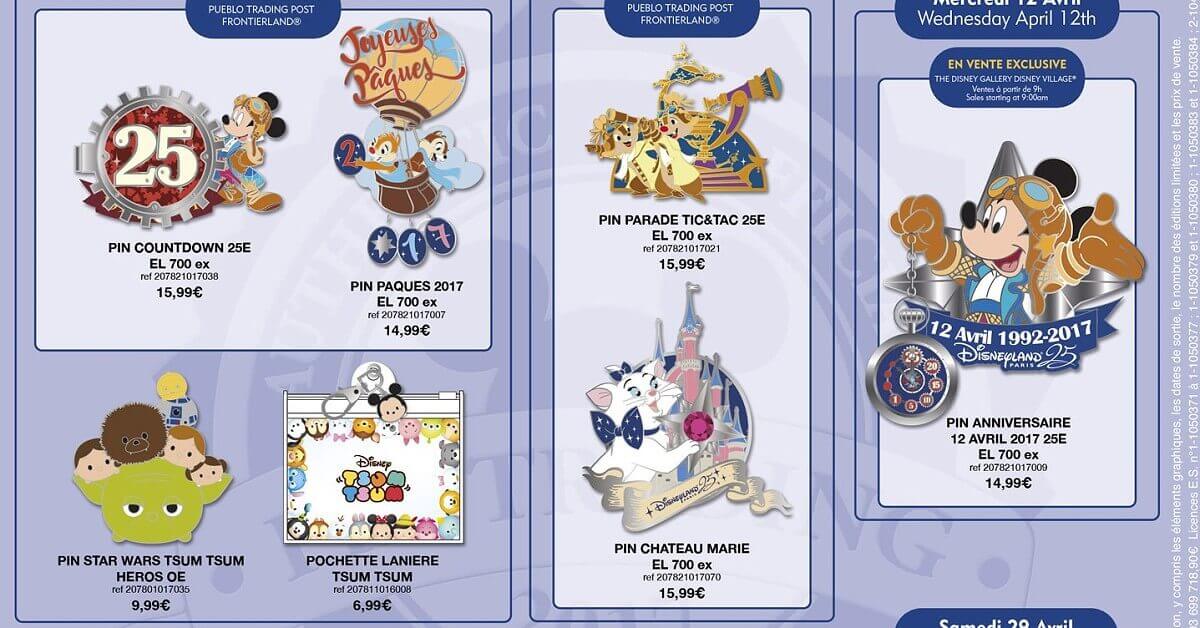 Disney Pin Trading Detail of a poster with Disney pins showing various pins with motifs for the 25th anniversary of Disneyland Paris.