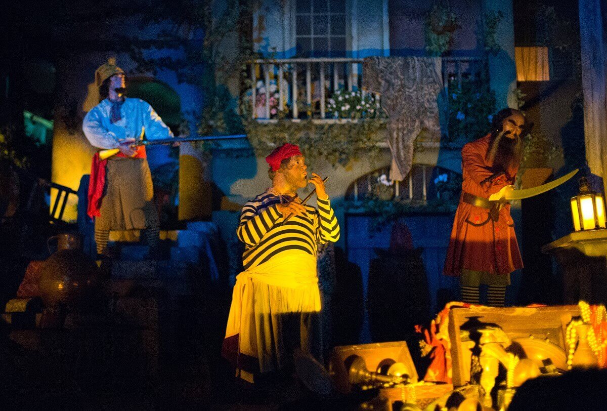 Pirates of the Caribbean View of a scene with three pirates in front of a treasure chest