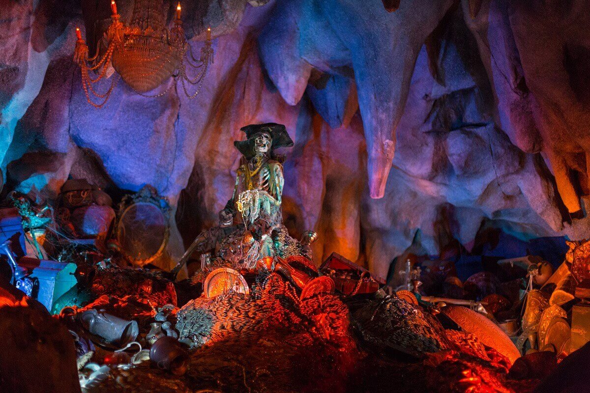 Pirate's Treasure on a big pirate treasure sits a skeleton with captain hat