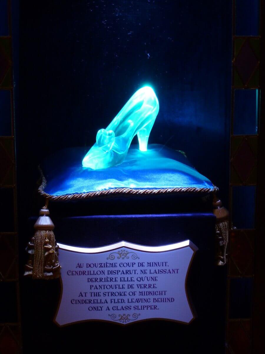 Cinderella's Glass Slipper Cinderella's glass slipper shines on a padded cushion in the princess pavilion