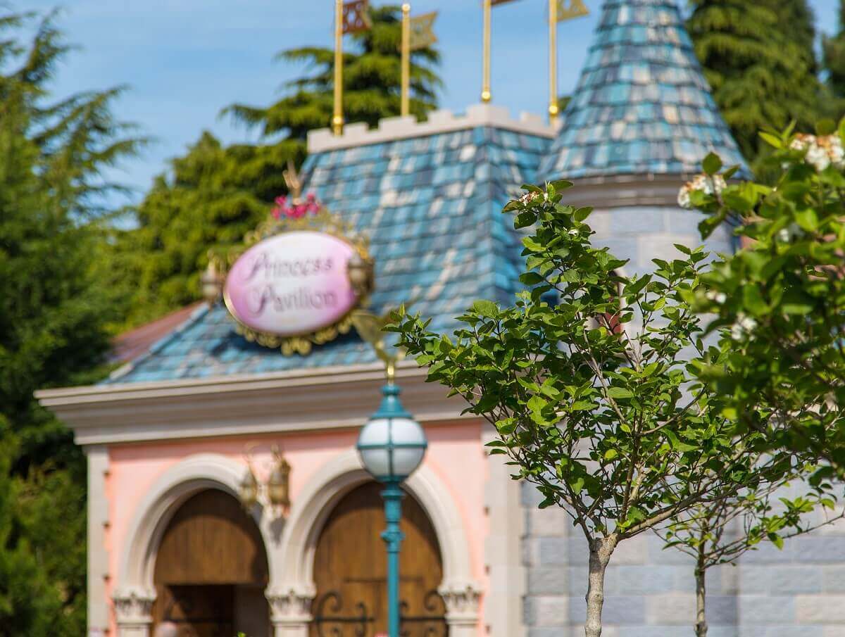 Surroundings in front of the entrance to the pavilion View past a flowering tree to the entrance of the Princess Pavilion