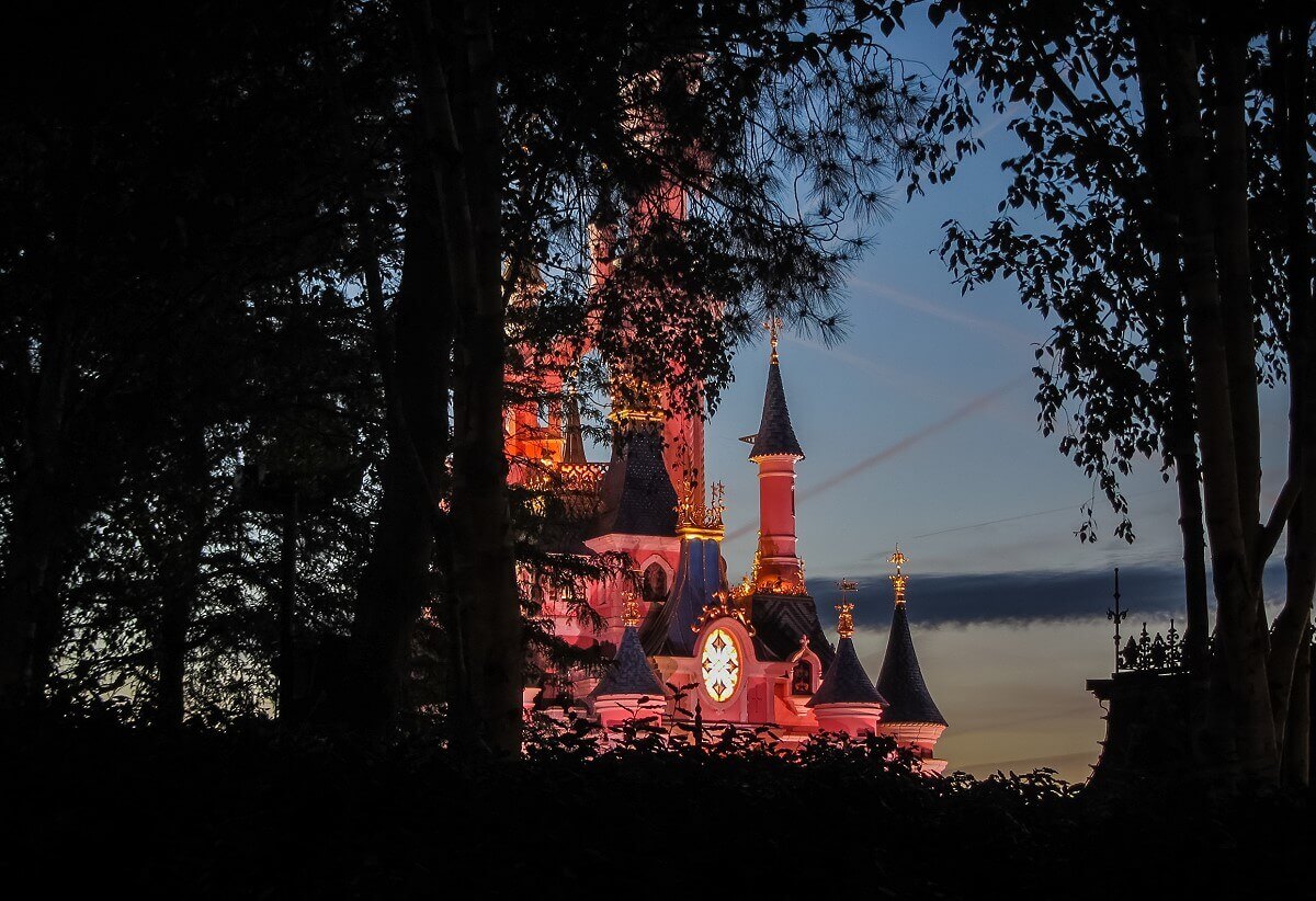 Illuminated castle behind a thicket of trees you can see parts of the castle in Disneyland Park illuminated in the evening