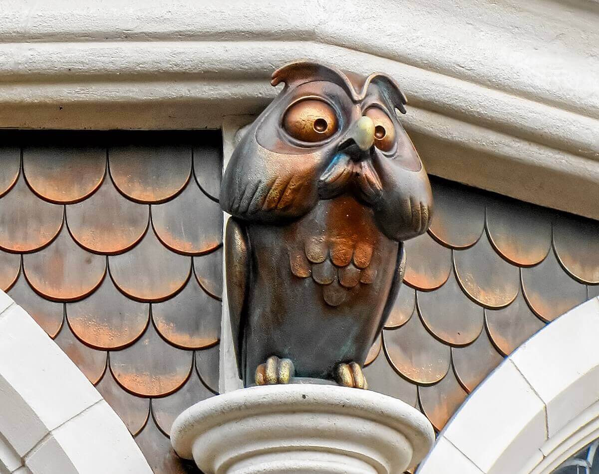 Decorations at the castle Close-up of owl-shaped decoration at Sleeping Beauty Castle in Disneyland Park