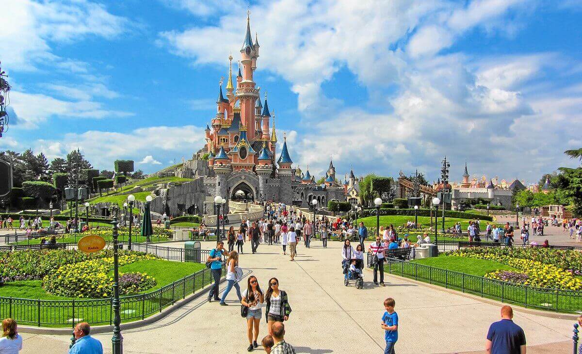 Central Plaza and the Castle View from the end of Main Street USA to the leafy Central Plaza and Sleeping Beauty Castle