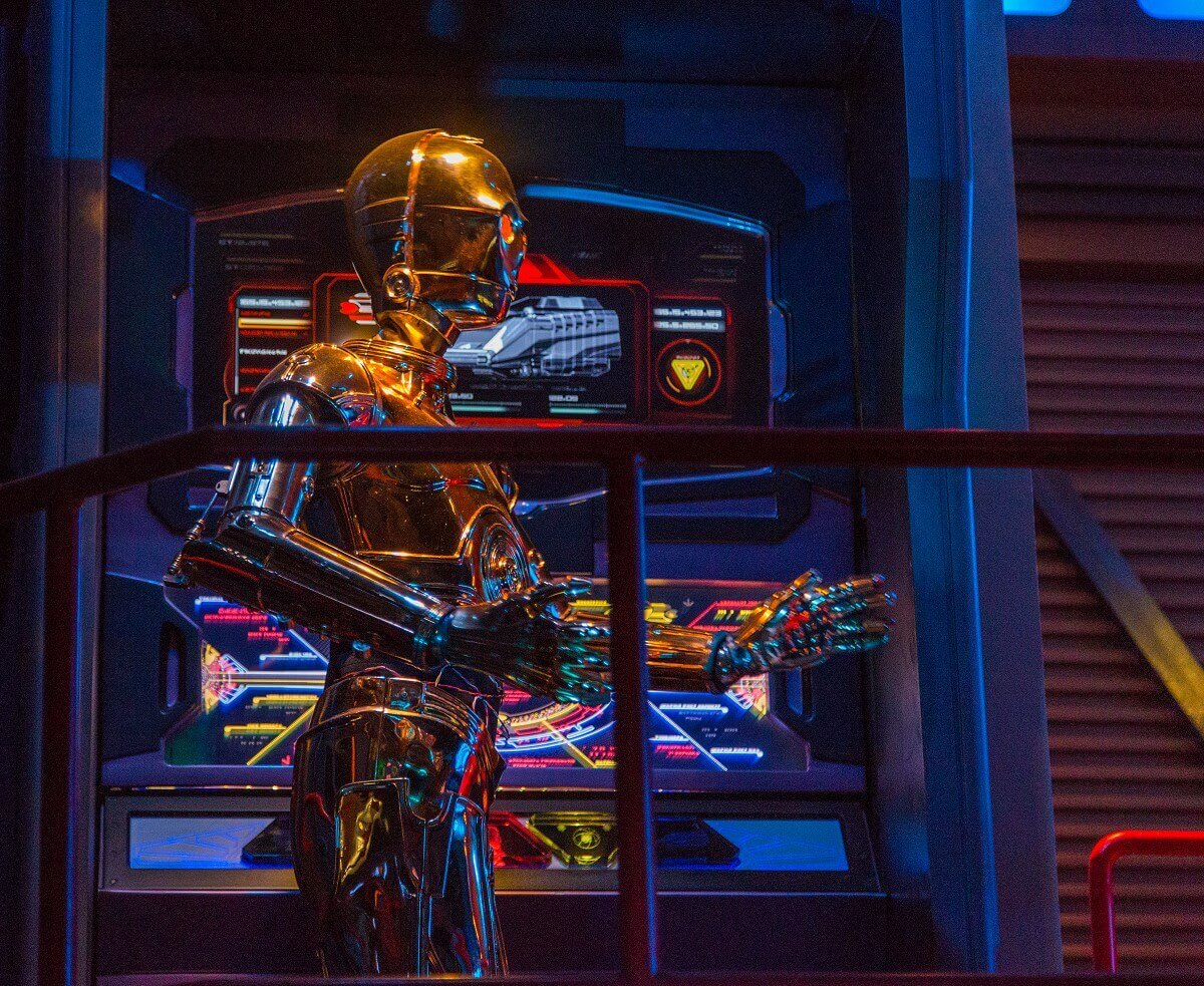 C3PO in Star Tours The Adventures Continue C3PO from the Star Wars movies can be seen in the queue area at Star Tours