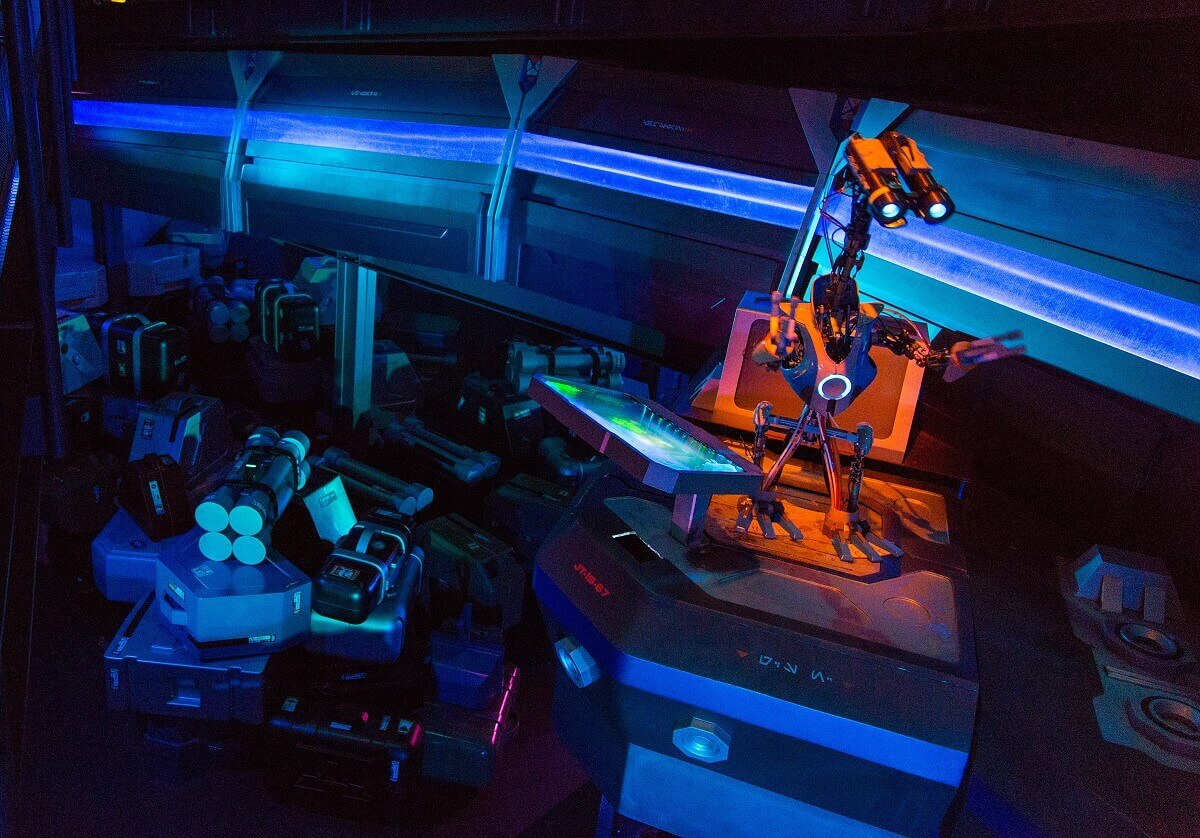 Decorative elements at Star Tours on decorative elements in the queue area at Star Tours and a droid