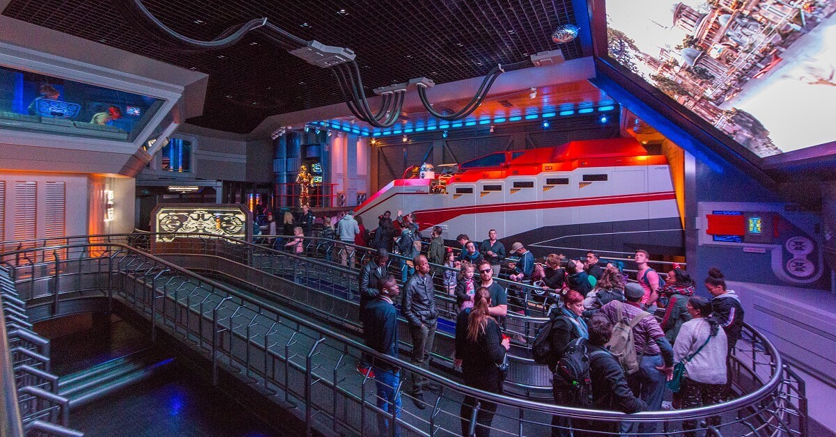 Star Tours 2 The Adventures Continue Queue of Star Tours with a Starspeeder 1000 in the background
