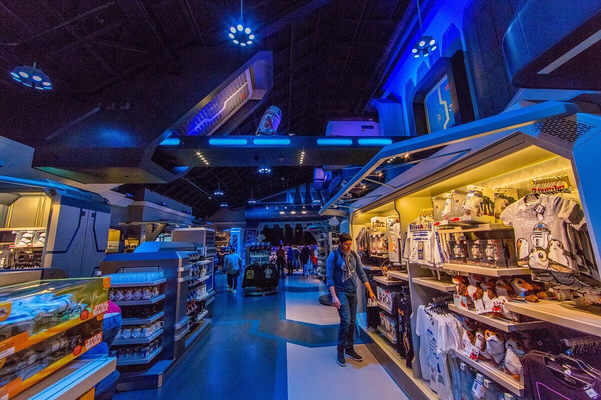 Interior of the Star Traders Boutique View of shelves of merchandise and Star Wars decorations at Star Traders Boutique.