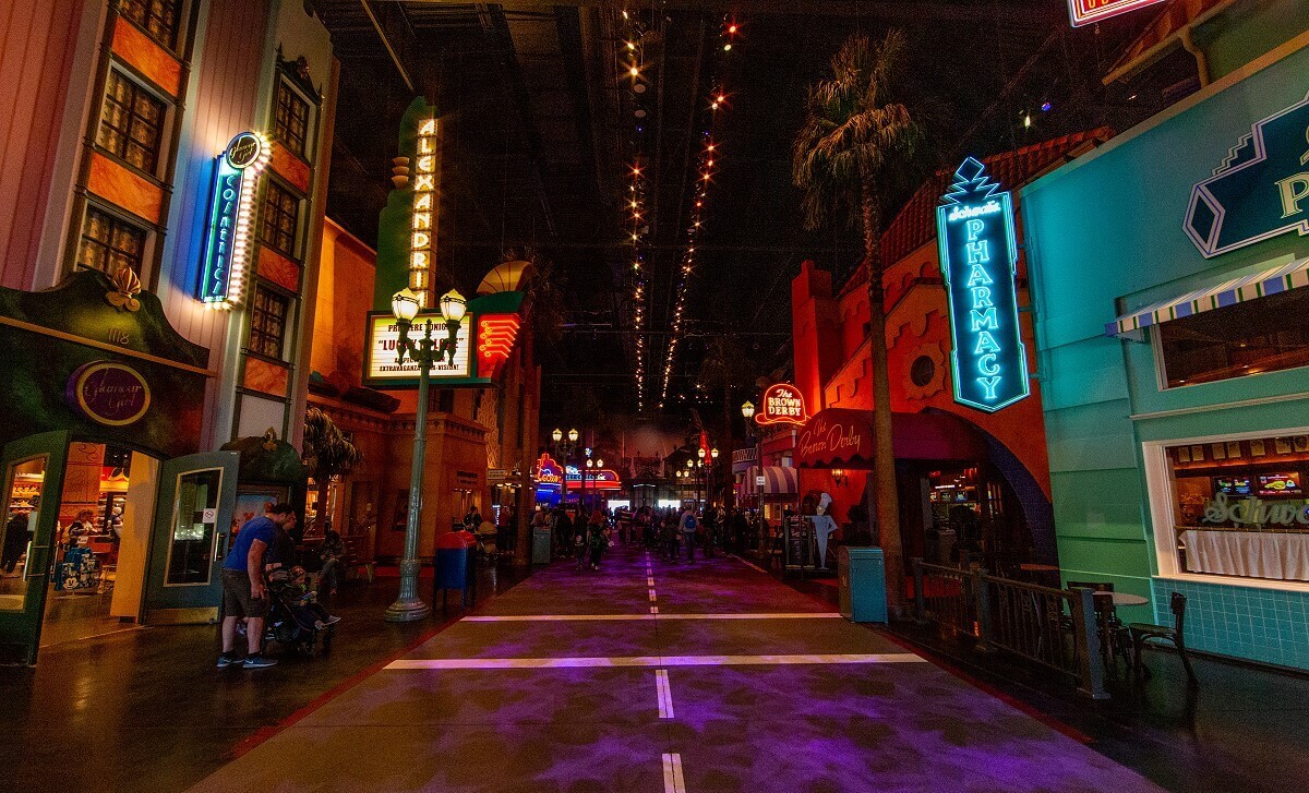 Hollywood Boulevard at night in Studio 1 Studio 1 is themed after a street in Hollywood at night. The picture shows a view of the whole street