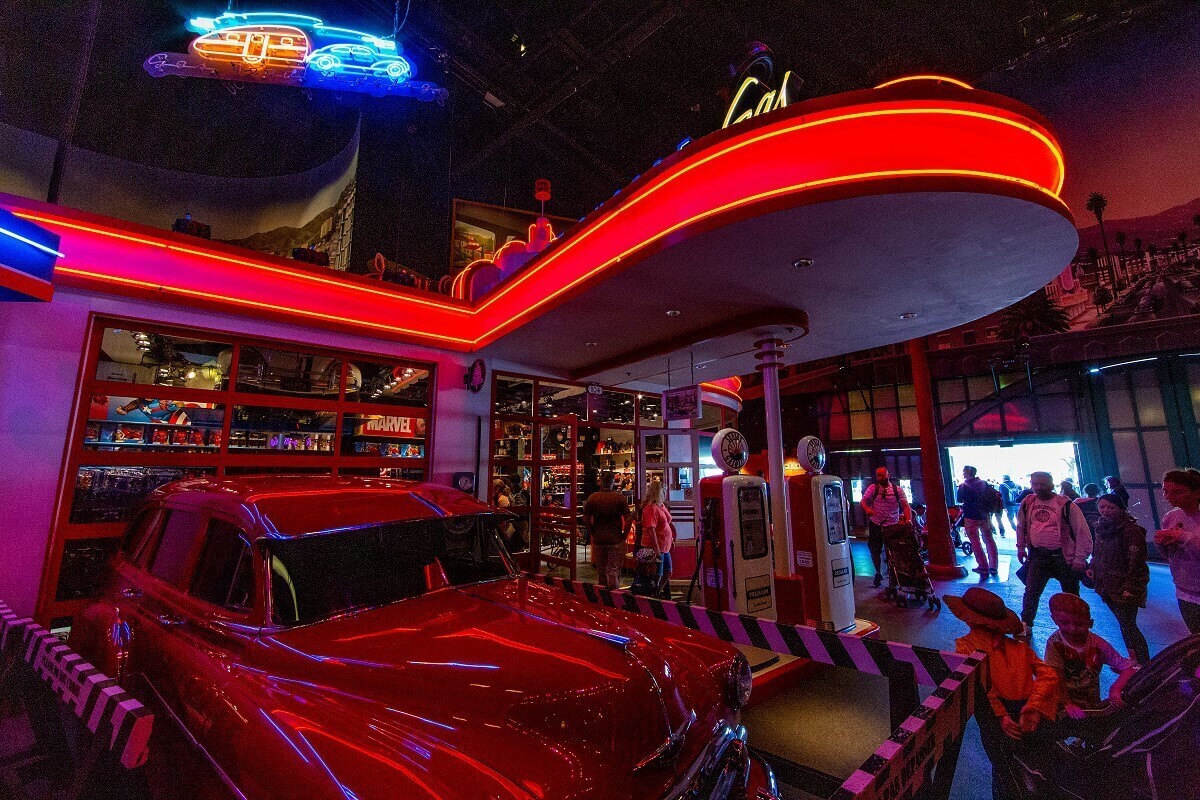 Red light band on the roof of the petrol station Red light band on the roof of the petrol station