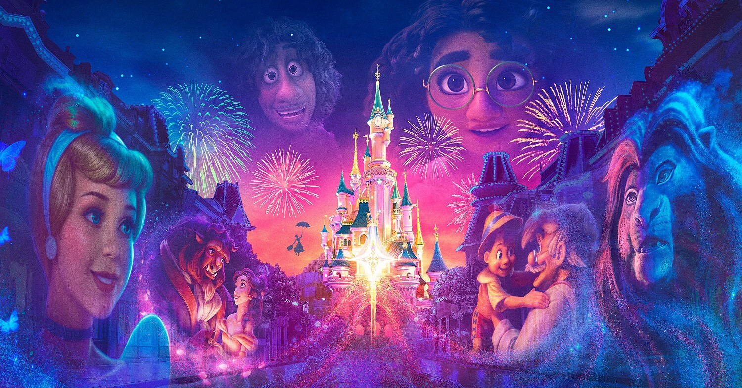 Werbeplakat für die Show Disney Tales of Magic - im Zentrum das Dornröschenschloss, links und rechts davon bekannte Disney Figuren und Pixar Helden