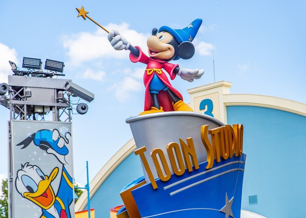 Mickey Mouse as sorcerer's apprentice Mickey Mouse figure at Toon Studios in Walt Disney Studios Park