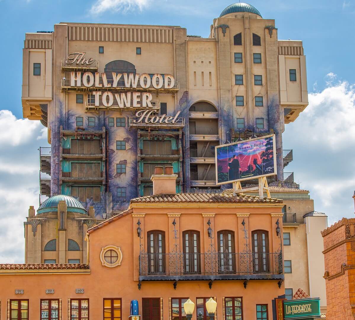 The Hollywood Tower Hotel The Hollywood Tower Hotel towers over La Terrasse