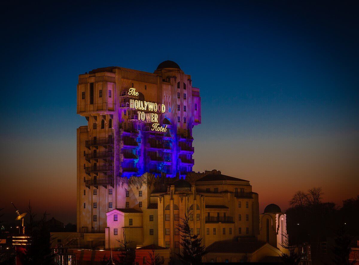 The Twilight Zone Tower of Terror by night The Twilight Zone Tower of Terror at night from a distance