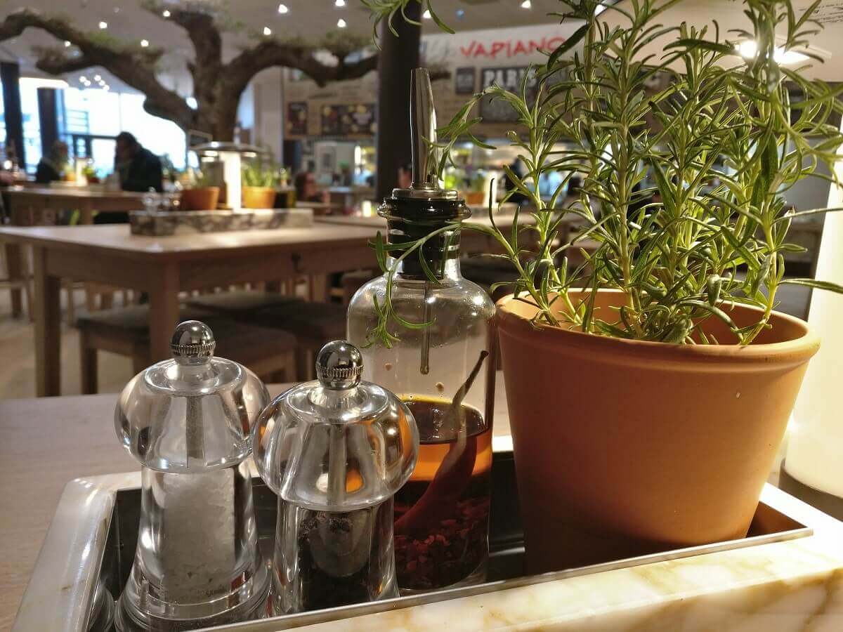 Salt, pepper, chili oil and a rosemary bush on a table Salt, pepper, chili oil and a rosemary bush on a table