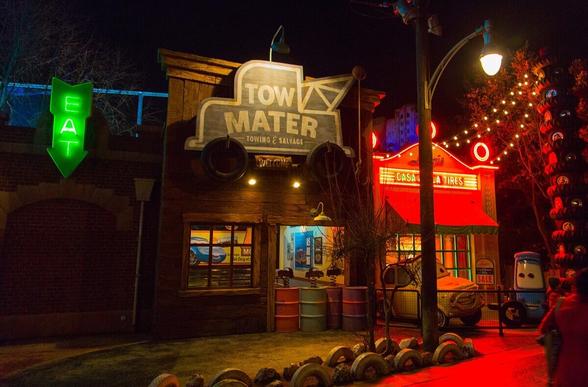 Radiator Springs Building Night view of the facades of Radiator Springs