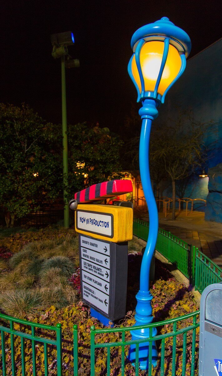 Street light with sign A Toon-style streetlight points the way to Toon Studios and Worlds of Pixar attractions