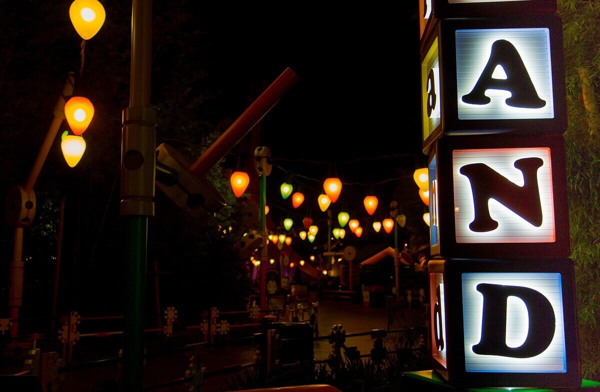 Toy Story Playland Sign Detail of the illuminated sign at the entrance to Toy Story Playland