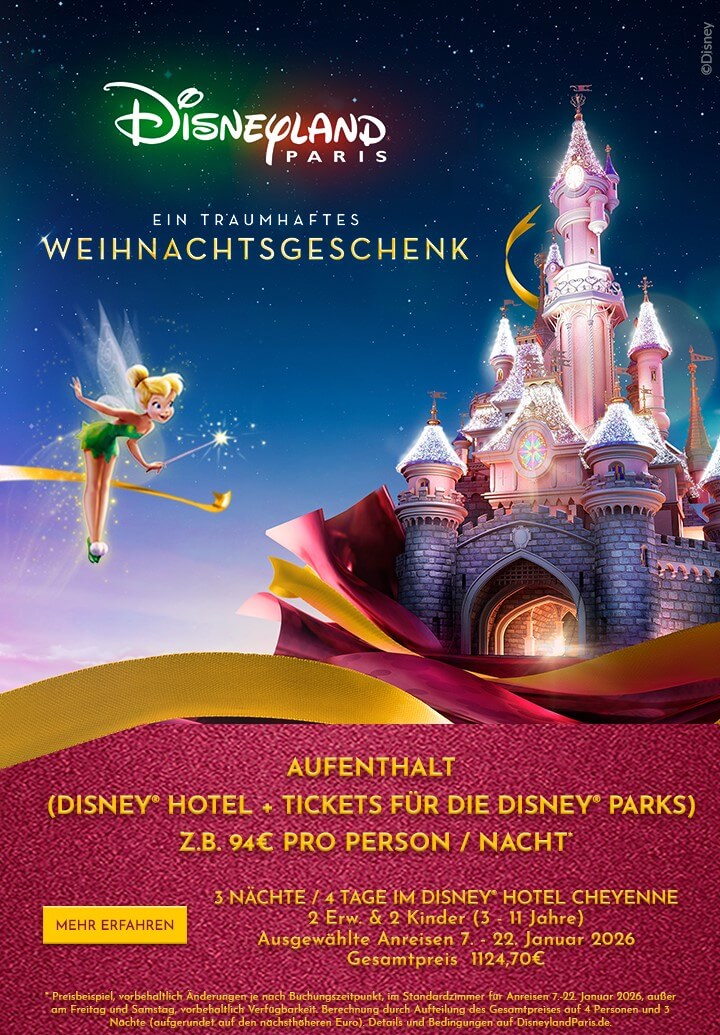 Ein traumhaftes Weihnachtsgeschenk: Aufenthalt in Disney Hotel für 94€ pro Person / Nacht. 3 Nächte 4 Tage im Disney Hotel Cheyenne bei 2 Erw. & 2 Kindern. Anreisen 7.-22.Januar 2026 - mobile Version