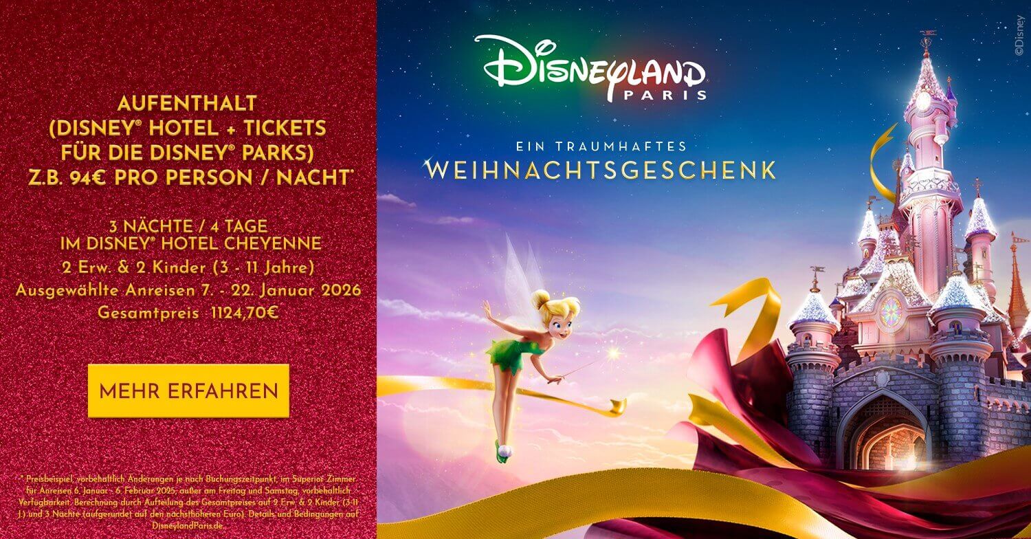 Ein traumhaftes Weihnachtsgeschenk: Aufenthalt in Disney Hotel für 94€ pro Person / Nacht. 3 Nächte 4 Tage im Disney Hotel Cheyenne bei 2 Erw. & 2 Kindern. Anreisen 7.-22.Januar 2026