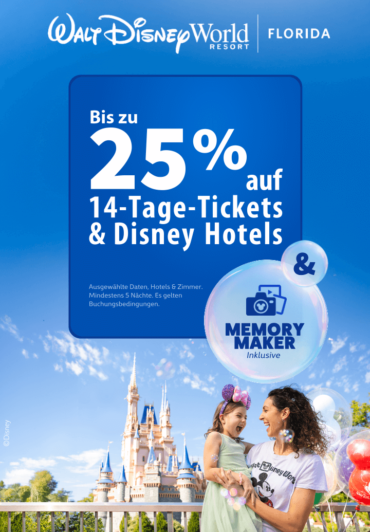 WDW Sonderangebot: Bis zu 25% Rabatt auf 14-Tage Tickets und Disney Hotels und Memory Maker inklusive für Walt Disney World 2026