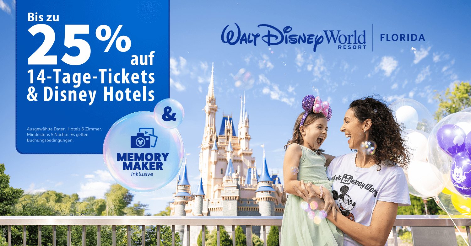 WDW Sonderangebot: Bis zu 25% Rabatt auf 14-Tage Tickets und Disney Hotels und Memory Maker inklusive für Walt Disney World 2026
