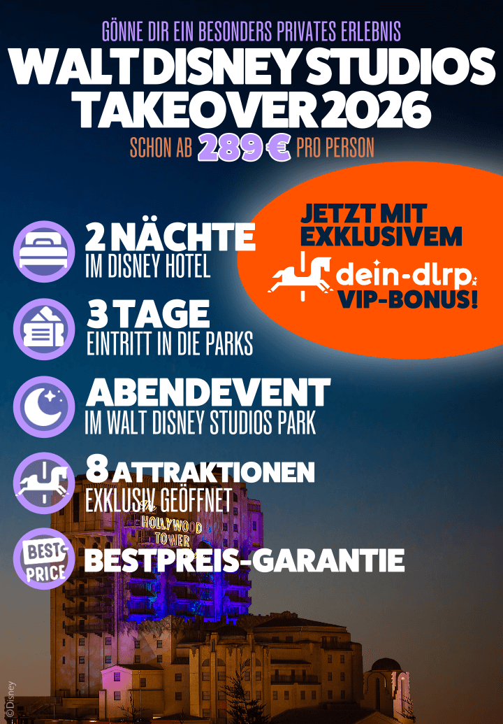Bannerwerbung Walt Disney Studios Park Takeover 2026 - 3 Tage Disneyland mit exklusivem Abendevent ab 299 Euro pro Person