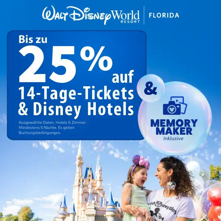 Banner (mobile Ansicht): Walt Disney World Sonderangebot 25% Rabatt auf Tickets und Hotels Banner (mobile Ansicht):WDW Sonderangebot: Bis zu 25% Rabatt auf 14-Tage Tickets und Disney Hotels und Memory Maker inklusive für Walt Disney World 2026