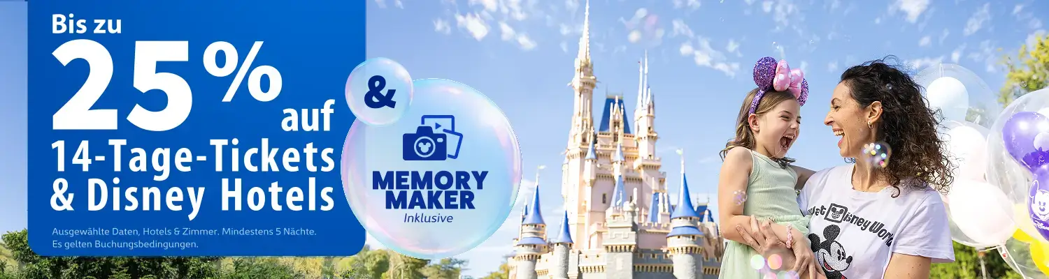Banner Walt Disney World Sonderangebot 25% Rabatt auf Tickets und Hotels Banner WDW Sonderangebot: Bis zu 25% Rabatt auf 14-Tage Tickets und Disney Hotels und Memory Maker inklusive für Walt Disney World 2026